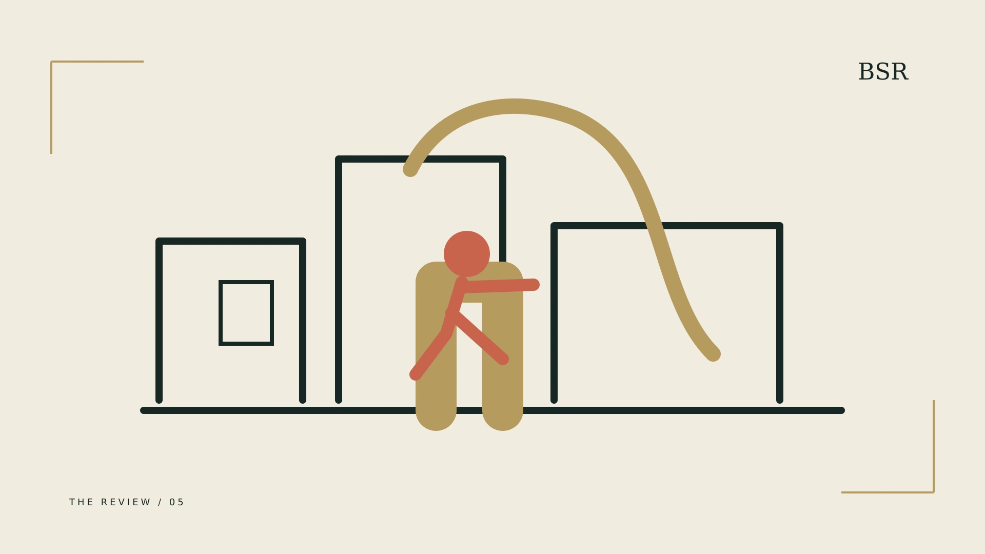 Editorial illustration: Abstract city gateways, a route and a person entering.