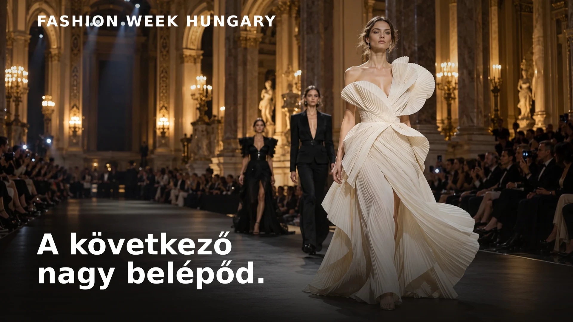 Fashion Week Hungary campaign artwork with black-and-white runway geometry.