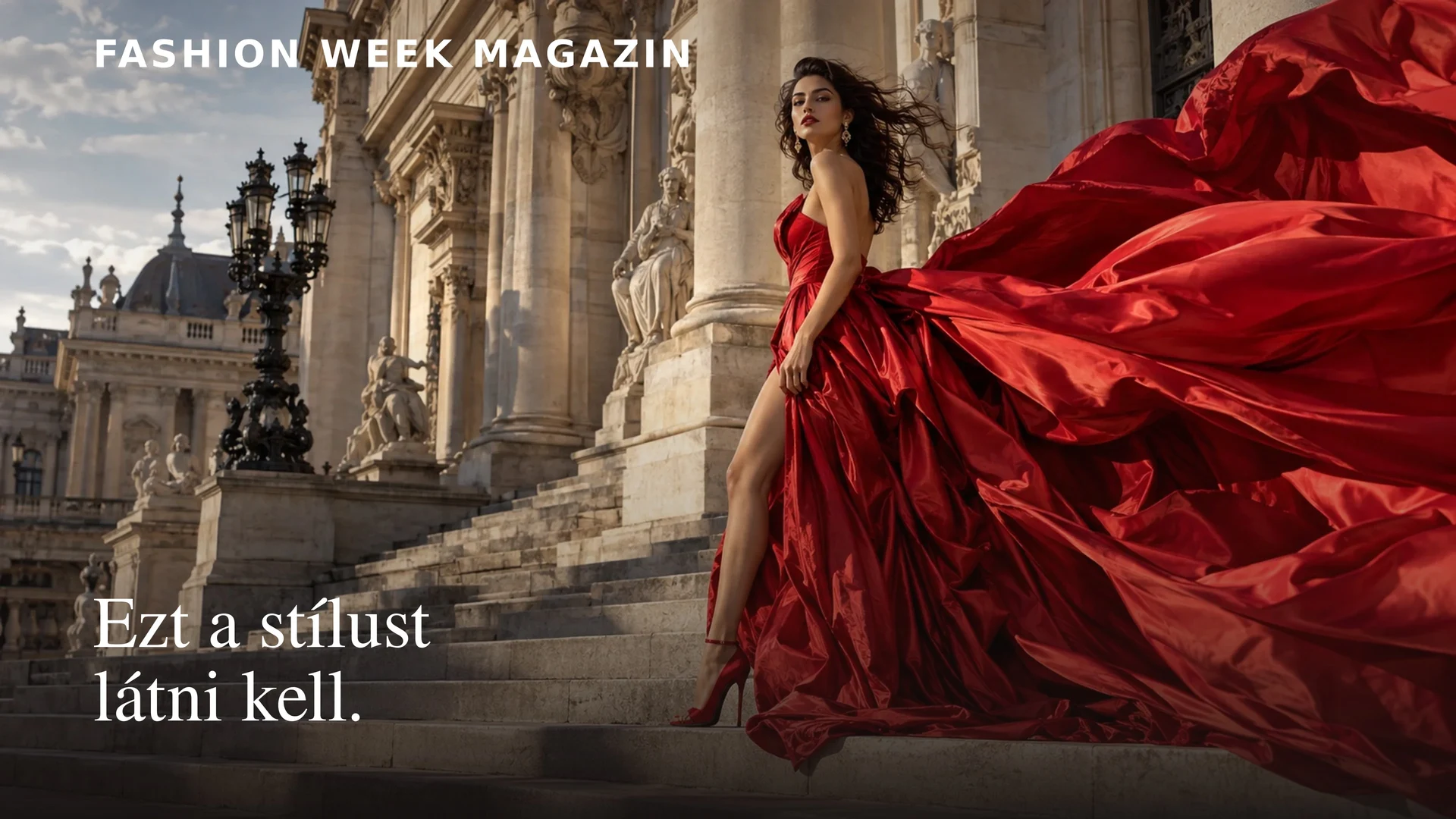 Fashion Week Magazin campaign artwork with a red magazine motif on an off-white background.